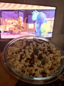 Monster Munch popcorn with M&Ms and mini chocolate chips for a Monsters, Inc. movie night.