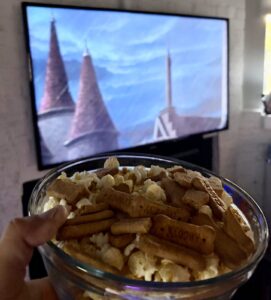 Mystery Mix popcorn with Scooby Snacks in a glass bowl during a Halloween movie night.
