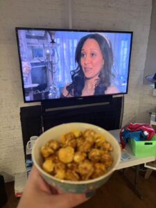 Store-bought caramel and cheese popcorn mix for a Twitches Too movie night.