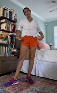 Homeschool mom outfit Tuesday - white tee and orange shorts