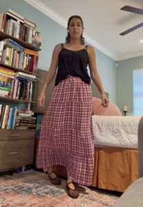 Homeschool mom outfit Wednesday - black tank and pink plaid maxi skirt
