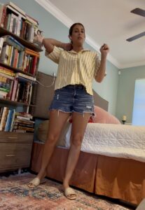 Homeschool mom outfit Thursday - yellow striped top and denim shorts