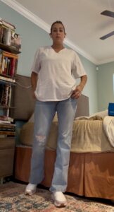 Homeschool mom outfit Friday - white tee and flare jeans