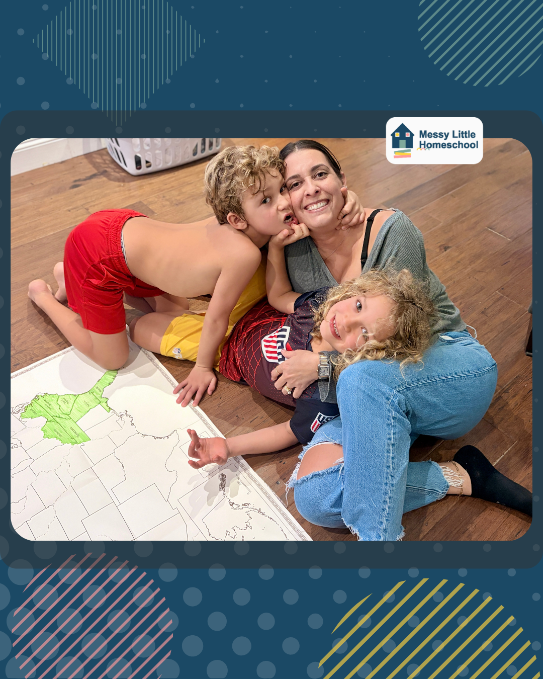 Family planning a month-long homeschool road trip using a US states map